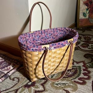 LONGABERGER Large “Good ‘Ol Summertime Boardwalk” Leather Handle Tote USA + RED